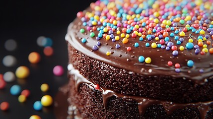Macro view of a rich chocolate cake topped with colorful rainbow sprinkles, glossy surface reflecting light, vibrant and detailed, intricate texture of the sprinkles, photorealistic style,