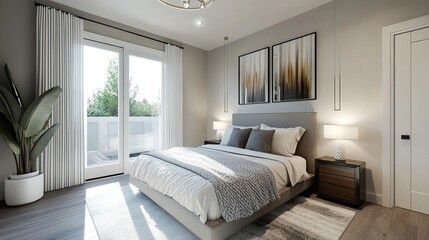 A modern bedroom featuring a gray bed with a duvet cover set linen and a soft white comforter to complement the interior