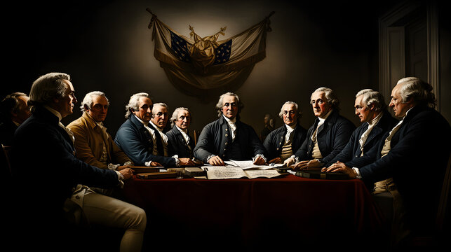 The signing of the Declaration of Independence in 1776 with founding fathers gathered around a table in Philadelphia.