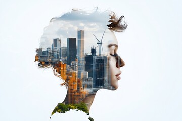 Silhouette of a woman with a cityscape and wind turbines inside her head.