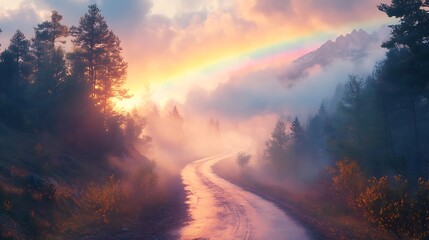 Obraz premium Morning mist over a winding road in the mountains with a rainbow forming above, sunlight creating a magical atmosphere, vibrant rainbow colors against the misty backdrop, peaceful and calming,