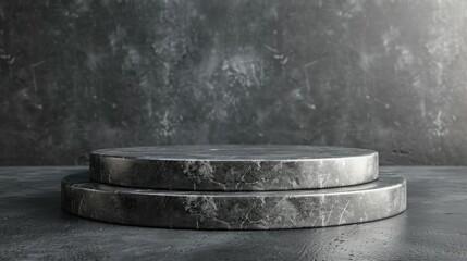 Two-tiered marble podium on a textured gray background.
