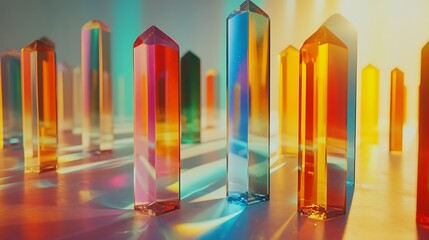 Fototapeta premium Rainbow colors dispersed through glass prisms on a minimal white backdrop, sharp refractions and vibrant hues, sleek and modern aesthetic, detailed glass reflections, photorealistic style,