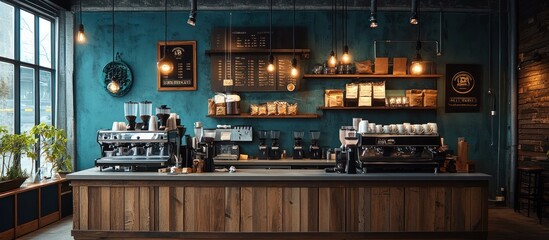 Modern coffee shop interior with blue wall, wooden counter, coffee machines, and shelves with coffee beans.