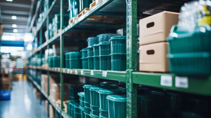 Warehouse storage with neatly organized green plastic buckets on shelves