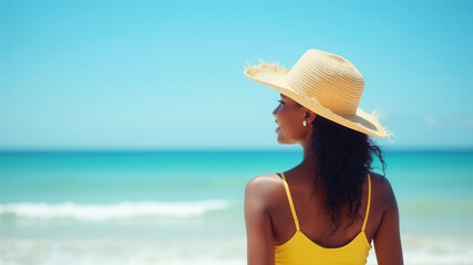 Happy woman at the beach with copy space