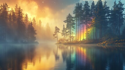 Fototapeta premium Rainbow light reflecting on the still waters of a tranquil lake, surrounded by towering pine trees, sunlight filtering through the branches, serene and magical atmosphere, photorealistic,