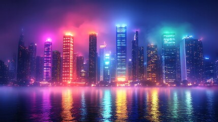 Obraz premium Rainbow neon lights illuminating a futuristic city at night, sleek skyscrapers glowing with colorful hues, mist floating through the streets, reflections creating a vivid display, lively and bustling,