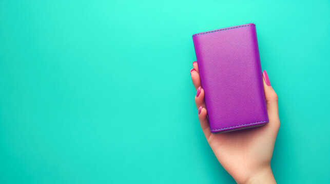 Woman's hand holding vibrant purple wallet against teal background