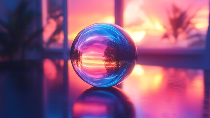 Rainbow-colored glow surrounding a crystal ball, the light illuminating the dark table surface, reflections creating a mystical aura, detailed glass textures, photorealistic quality, soft focus,