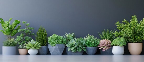 A row of potted plants in front of a gray wall.
