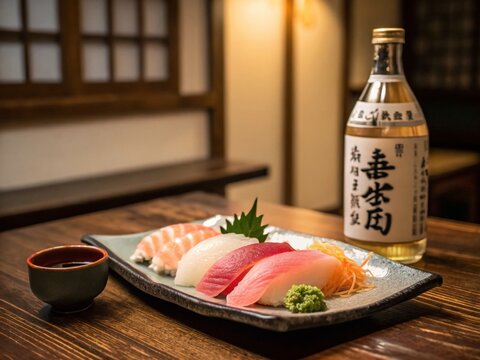 Exquisite Kanpachi Sushi with Premium Sake in a Cozy Japanese Setting, Perfect for Food Lovers and Culinary Enthusiasts Seeking a Taste of Authentic Japanese Cuisine