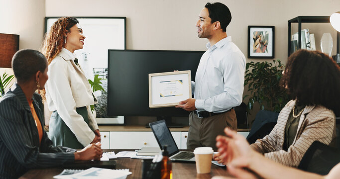 Business, woman and man at office at award ceremony for achievement, success and victory. People, employees and happy or smile at boardroom with certificate for celebration, completion and well done