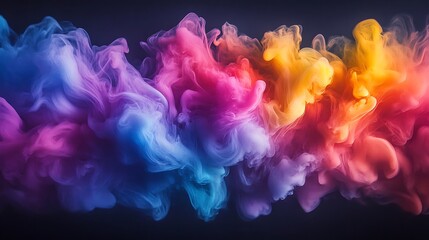 Naklejka premium Rainbow-colored smoke billowing and swirling into abstract shapes, floating gracefully against a dark black canvas, vibrant hues and soft light, ethereal and magical, photorealistic quality,