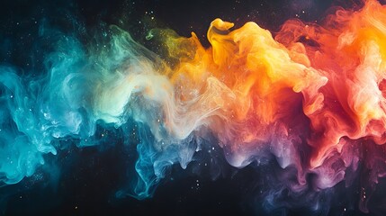 Rainbow-colored smoke billowing and swirling into abstract shapes, floating gracefully against a dark black canvas, vibrant hues and soft light, ethereal and magical, photorealistic quality,