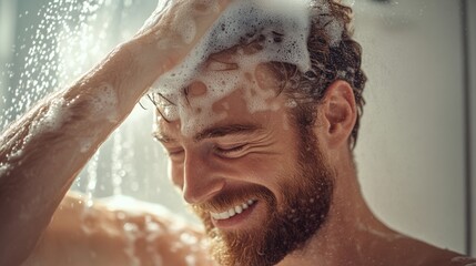 man smiling and washing hair in relaxing shower