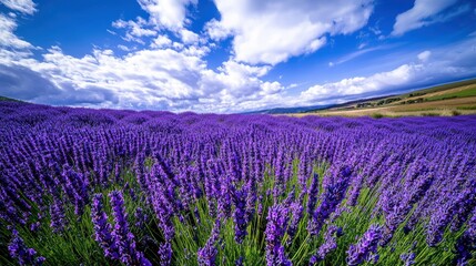 A Vibrant Purple Lavender Field Under a Blue Sky with White Clouds