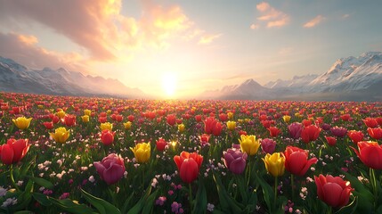 Rows of tulips in rainbow colors filling the landscape, stretching towards the horizon under a clear sky, sunlight illuminating the vivid flowers, peaceful and beautiful, photorealistic detail,