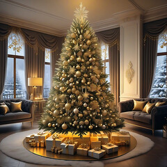 Christmas decorated living room with gold themed Christmas tree, fireplace and sofa. Christmas image. Card design.金色のテーマのクリスマスツリーと暖炉とソファーのあるクリスマスの飾りをしたリビングルーム。クリスマスのイメージ。カードデザイン。