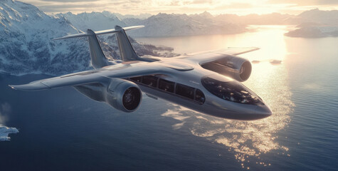 Fototapeta premium futuristic airplane soars over stunning landscape, showcasing its sleek design against backdrop of mountains and shimmering water. scene evokes sense of adventure and innovation
