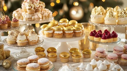 Exquisite Dessert Table Filled with Mini Pastries Showcasing Golden Macaroons and Delightful Treats Surrounded by Festive Decor and Sparkling Lights