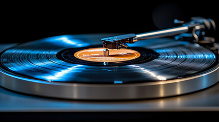 A beautifully crafted turntable plays a classic vinyl record, illuminated by soft blue light, creating a warm atmosphere for music lovers