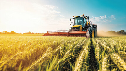 Obraz premium powerful tractor harvesting crops in lush green field under bright blue sky. scene captures essence of agriculture and beauty of rural life