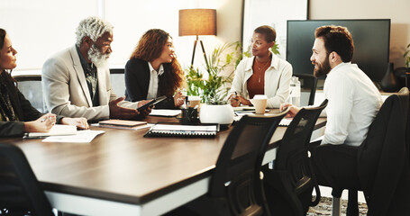 Brainstorming, planning and business people in meeting, communication and financial company. Employees, accounting firm and group in boardroom, negotiation and feedback for budget report and seminar