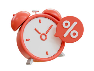 3D illustration of an alarm clock with a percentage symbol, representing time-limited discounts, sales, and promotional offers.