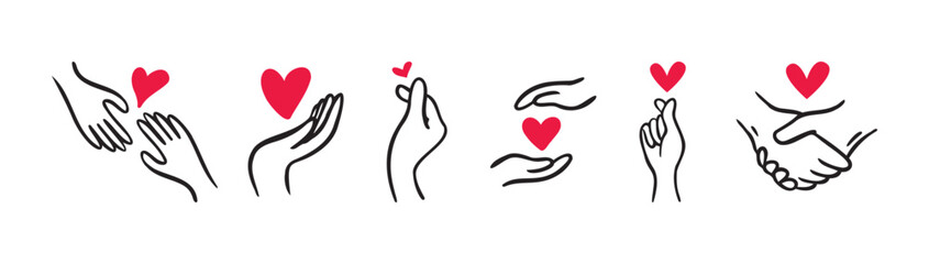 Hands Showing Love and Hearts. Doodle Hand Drawn cute icon Set. Valentine's day