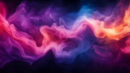 Fototapeta premium Vibrant rainbow-colored smoke swirling in abstract shapes, flowing smoothly against a deep black background, intricate patterns forming, ethereal and mesmerizing, vivid colors, photorealistic detail,