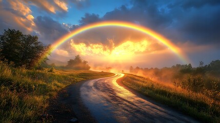 A beautiful rainbow forming over a curving road that winds through a mountainous terrain at sunrise, warm sunlight breaking through the clouds, mist hovering above the road,