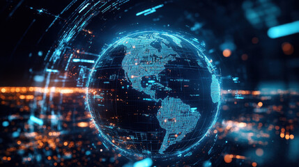 Obraz premium digital earth centered in frame, showcasing vibrant view of Americas with glowing data points and futuristic design. image evokes sense of connectivity and technology