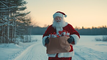 Obraz premium Joyful Santa Claus in Winter Landscape Holding Gift Bag Surrounded by Snowy Pine Trees, Spreading Holiday Cheer and Festive Spirit