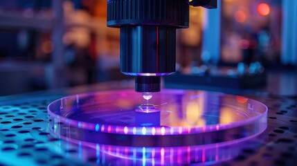 A microscope lens focused on a petri dish with a sample, illuminated in purple and blue light.