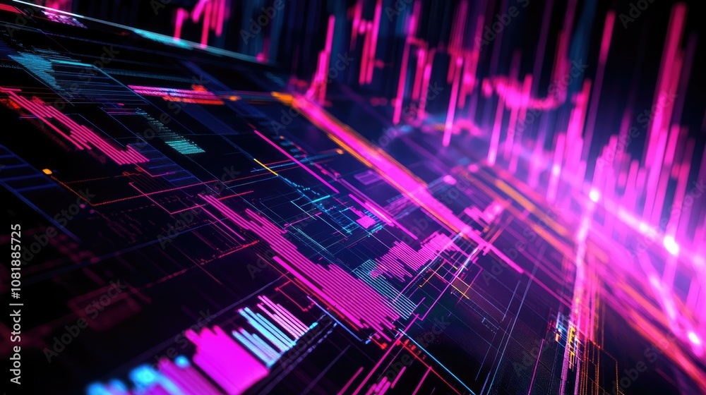 Poster abstract depiction of financial graphs and charts in neon colors