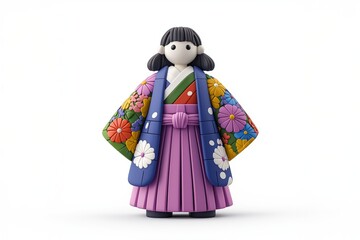Fototapeta premium Traditional Japanese doll in colorful kimono on white background. Japanese culture and tradition concept