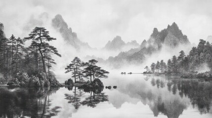 Fototapeta premium A serene, misty mountain lake with a small island and tall trees reflected in the water.