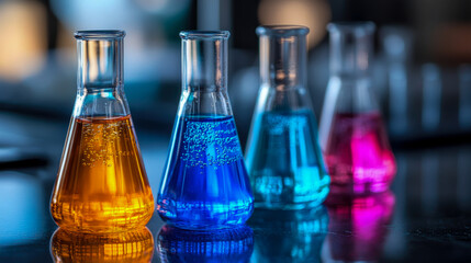 Colored liquids in glass beakers create a striking visual arrangement, showcasing a science experiment in a well-lit laboratory environment