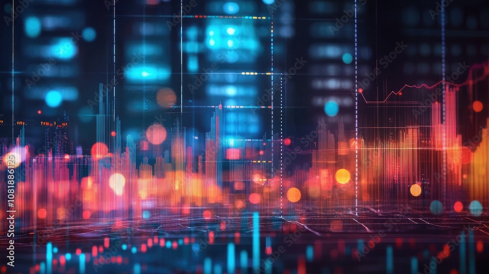 Poster abstract depiction of financial graphs and charts in neon colors