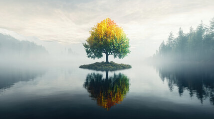 giant single world tree stands majestically in middle of serene lake, surrounded by mist and reflecting its vibrant colors on waters surface. scene evokes sense of tranquility and wonder