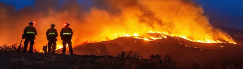 Naklejka premium Emergency Response Teams Combat Nighttime Wildfire Crisis with Intense Coordination and Determination