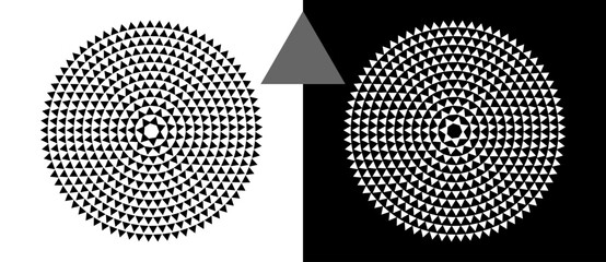 Modern abstract background with halftone triangles in circle form. Round logo. Black shape on a white background and the same white shape on the black side.