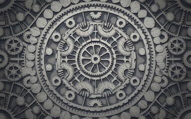Gear mandala design. Intricate metal gear pattern; symbolizes precision, engineering, and complex systems.  A captivating design.