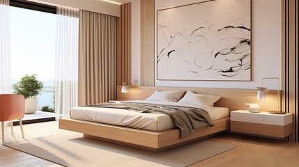 Minimalist interior design of modern bedroom with beige stucco wall