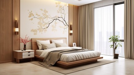 Obraz premium Minimalist interior design of modern bedroom with beige stucco wall