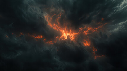 Fototapeta premium dramatic apocalyptic sky filled with dark clouds and fiery orange light breaking through, creating striking contrast and intense atmosphere