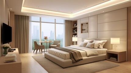 Fototapeta premium Minimalist interior design of modern bedroom with beige stucco wall
