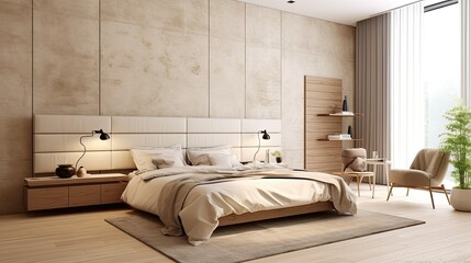 Obraz premium Minimalist interior design of modern bedroom with beige stucco wall