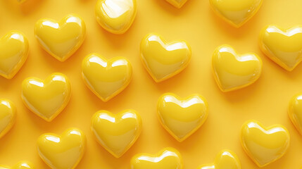 3d glossy yellow hearts on yellow background, love, valentine's day, romance, symbol, heart shape figure